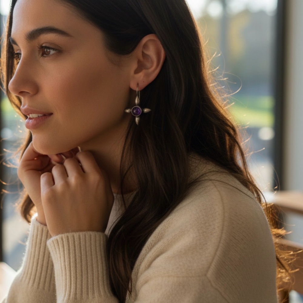 Sterling Silver Amethyst Flower Drop Earrings – 925